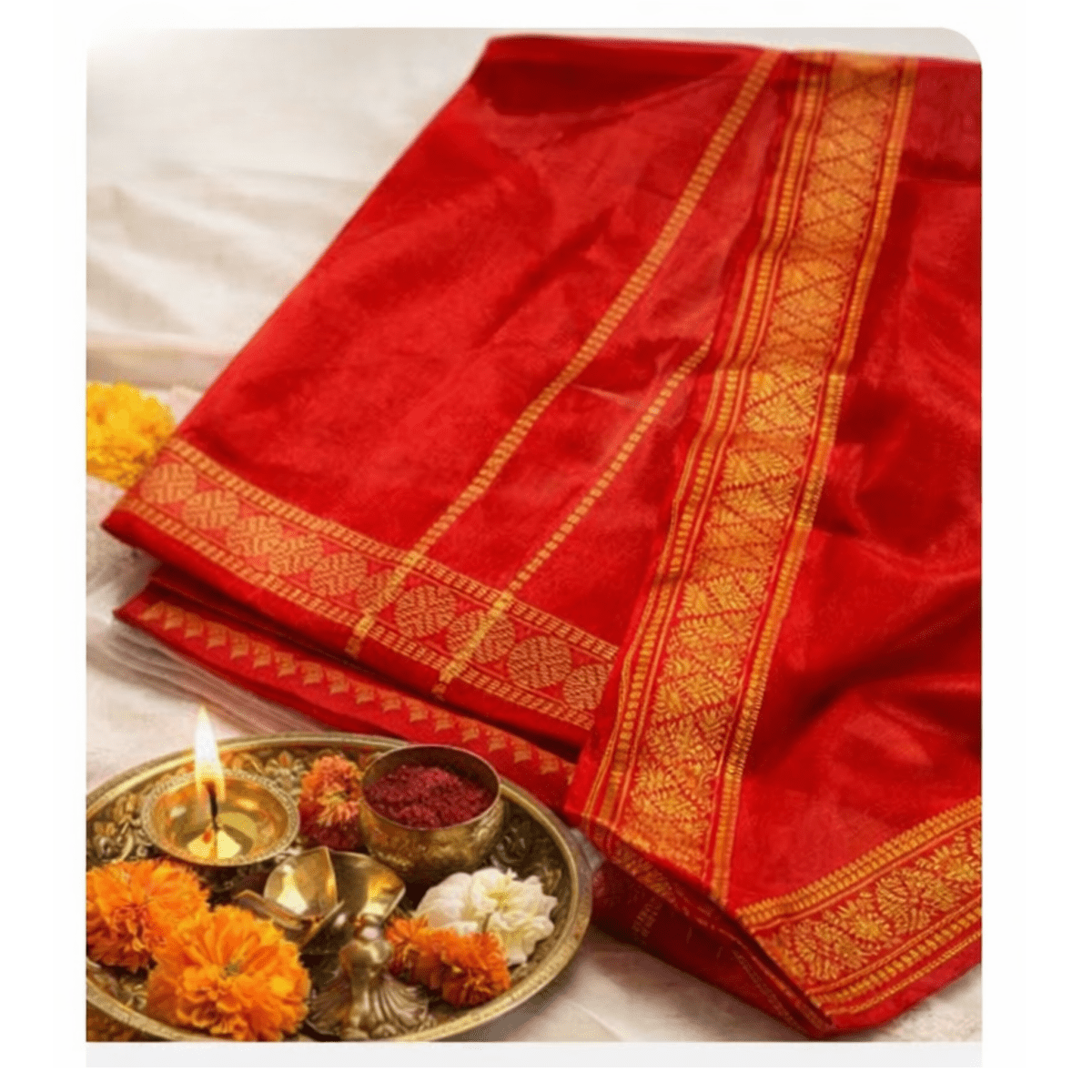 Red Pooja Vastra with Golden Border (1mtr) - Basaveshwarapoojabhandara.com